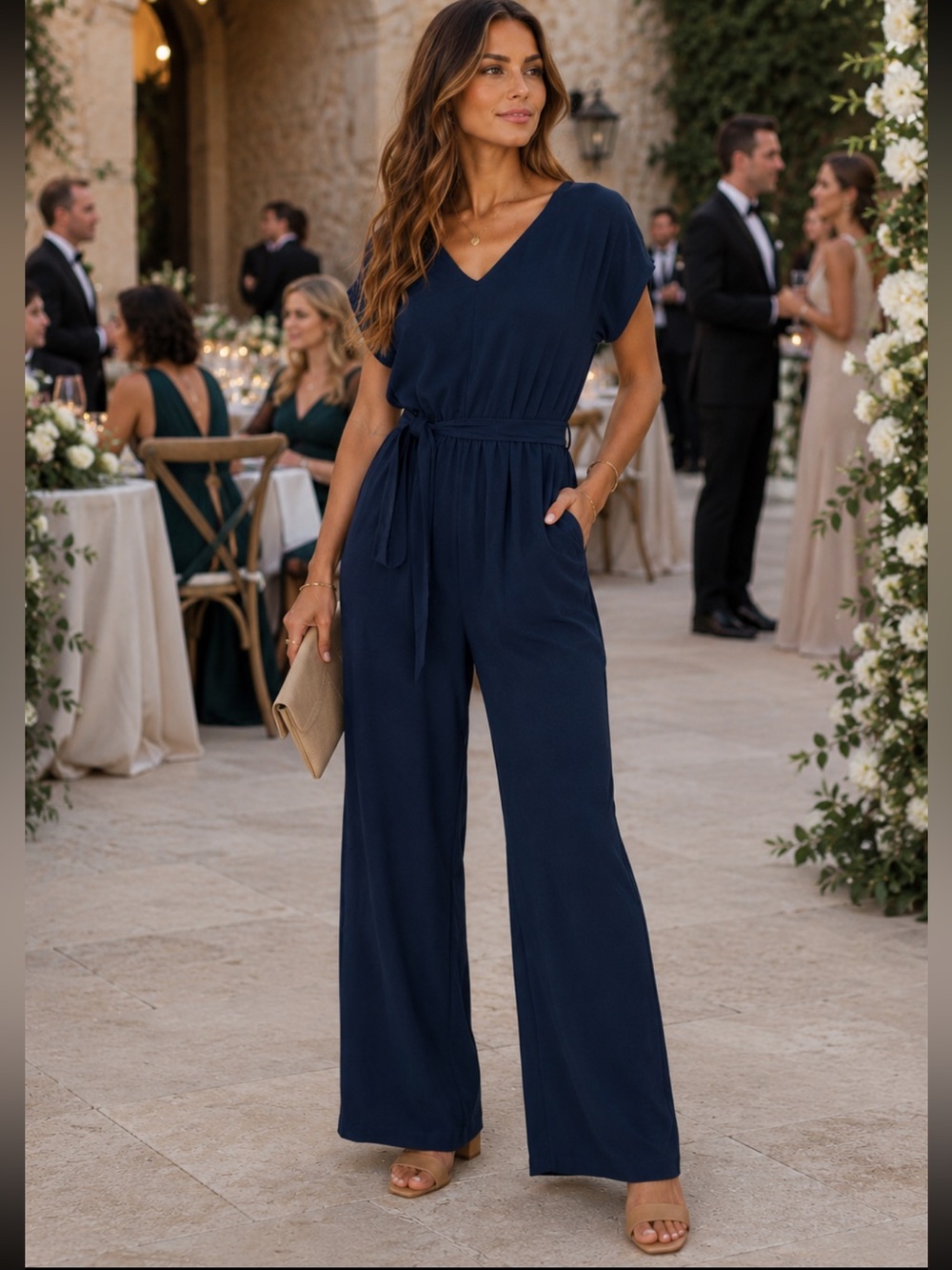 Adrianna Papell Navy Gauzy Crepe Belted Wide Leg Jumpsuit Plus 16W NWT